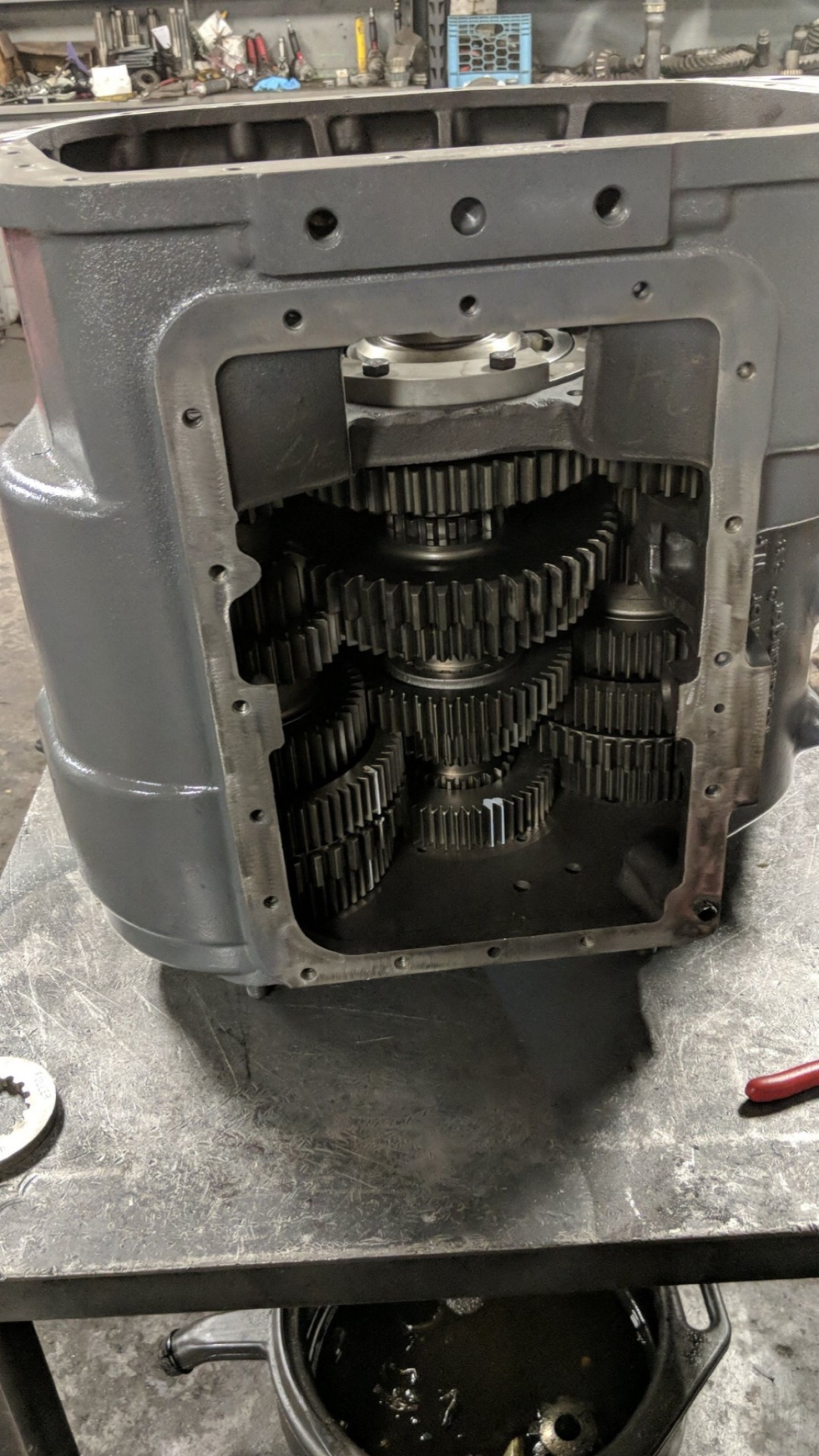 Heavy-duty transmission internal gears assembly during rebuild